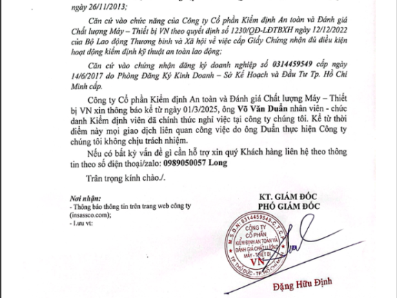 Thông báo nghỉ việc Võ Văn Duẩn Thông báo nghỉ việc Võ Văn Duẩn